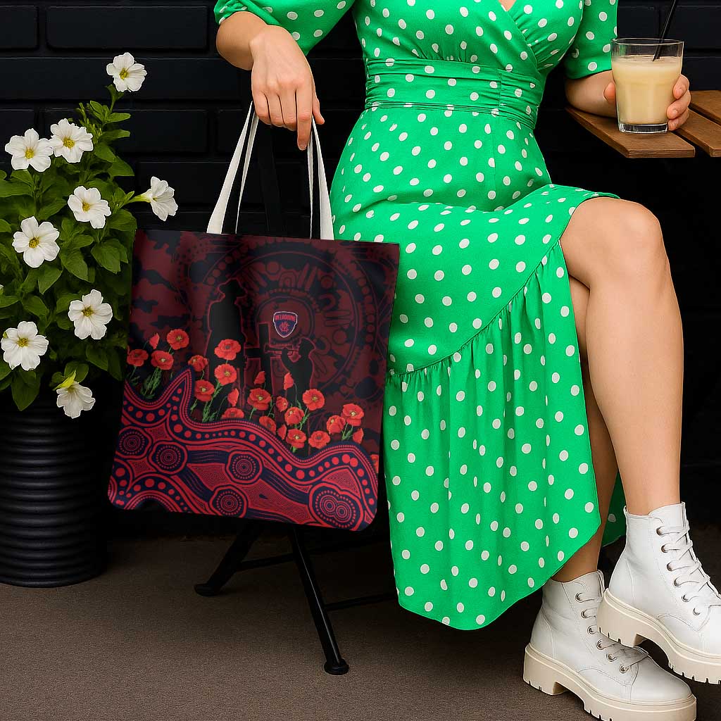 Melbourne Demons ANZAC Day Tote Bag Indigenous Dot Art with Poppy Flower Tribute