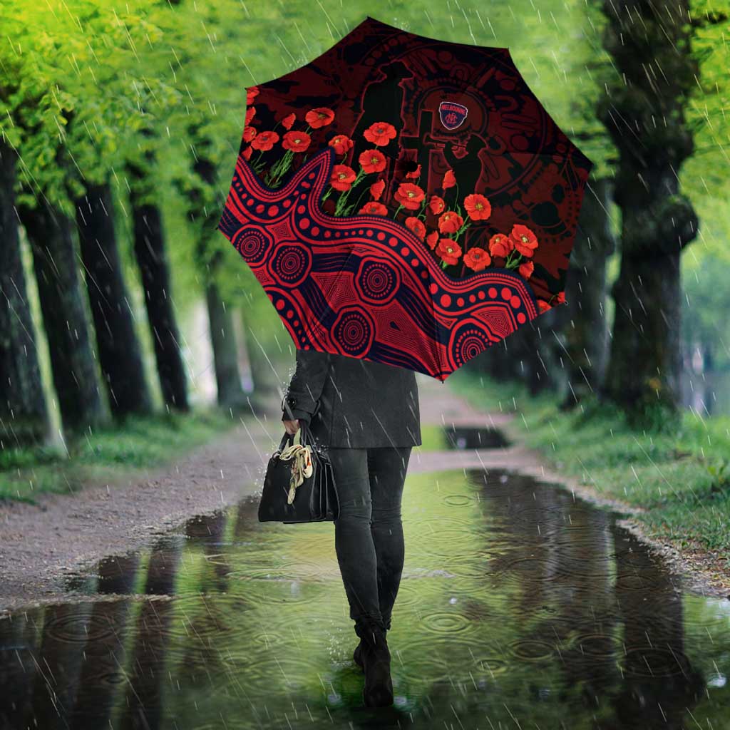 Melbourne Demons ANZAC Day Umbrella Indigenous Dot Art with Poppy Flower Tribute
