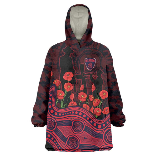 Melbourne Demons ANZAC Day Wearable Blanket Hoodie Indigenous Dot Art with Poppy Flower Tribute