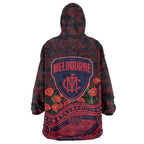Melbourne Demons ANZAC Day Wearable Blanket Hoodie Indigenous Dot Art with Poppy Flower Tribute