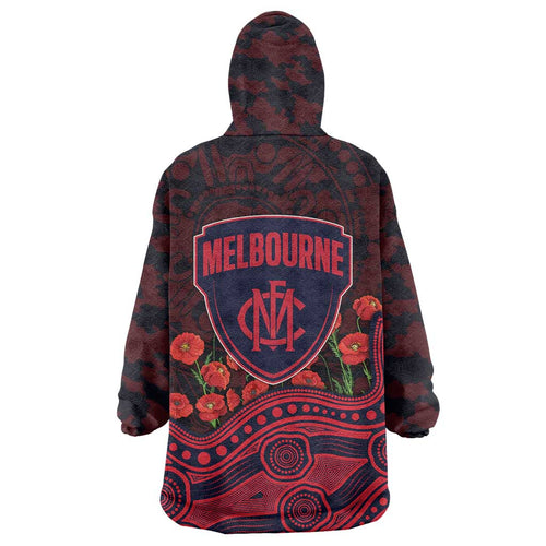 Melbourne Demons ANZAC Day Wearable Blanket Hoodie Indigenous Dot Art with Poppy Flower Tribute