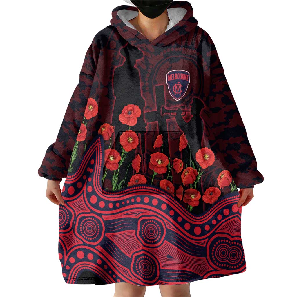 Melbourne Demons ANZAC Day Wearable Blanket Hoodie Indigenous Dot Art with Poppy Flower Tribute