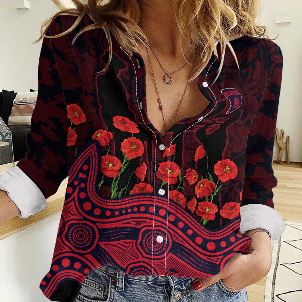 Melbourne Demons ANZAC Day Women Casual Shirt Indigenous Dot Art with Poppy Flower Tribute