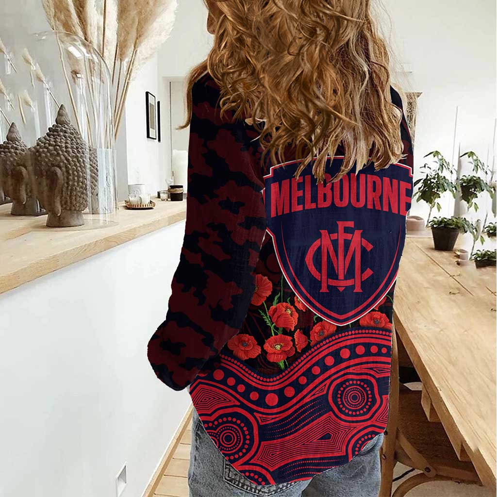 Melbourne Demons ANZAC Day Women Casual Shirt Indigenous Dot Art with Poppy Flower Tribute