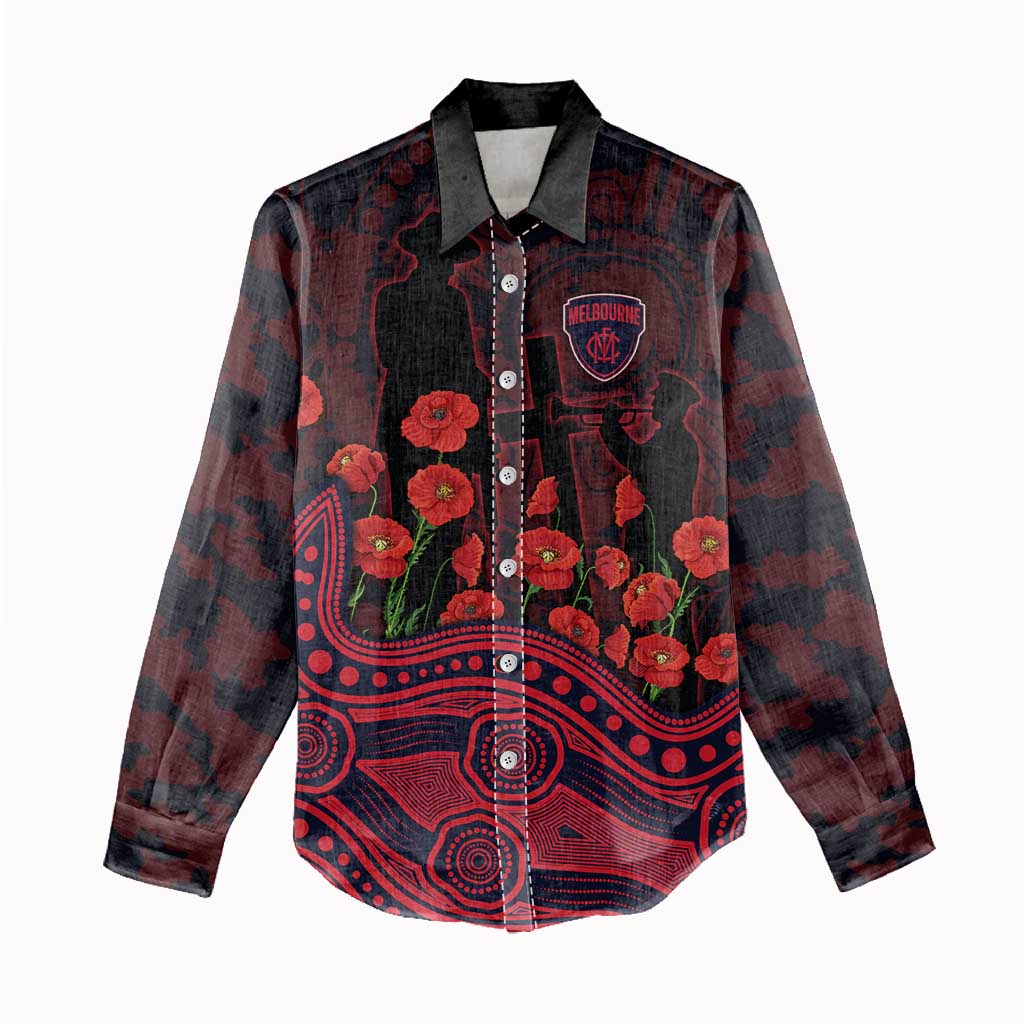 Melbourne Demons ANZAC Day Women Casual Shirt Indigenous Dot Art with Poppy Flower Tribute