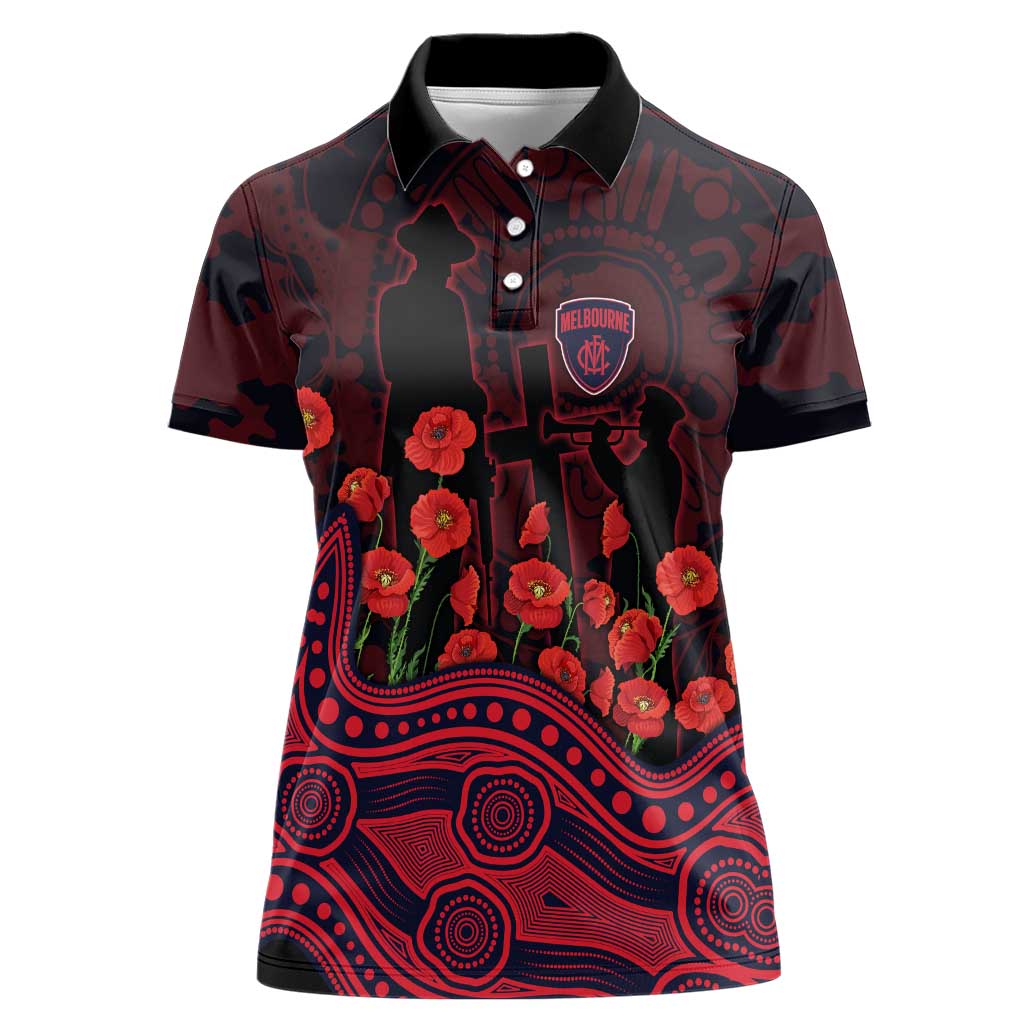 Melbourne Demons ANZAC Day Women Polo Shirt Indigenous Dot Art with Poppy Flower Tribute
