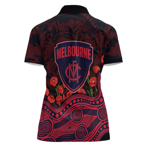 Melbourne Demons ANZAC Day Women Polo Shirt Indigenous Dot Art with Poppy Flower Tribute