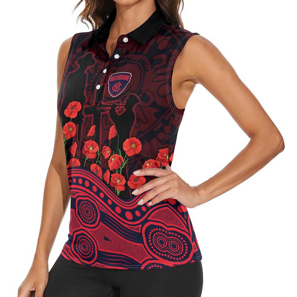Melbourne Demons ANZAC Day Women Sleeveless Polo Shirt Indigenous Dot Art with Poppy Flower Tribute