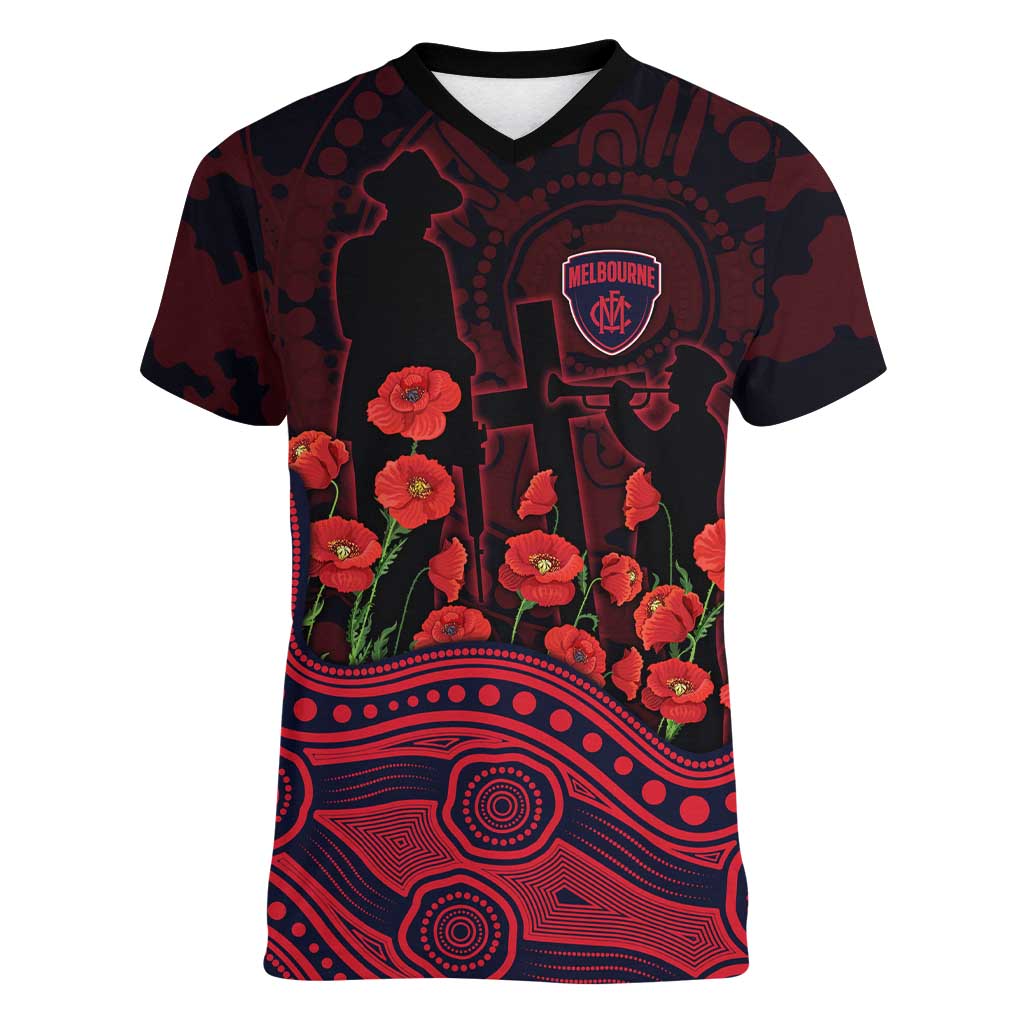 Melbourne Demons ANZAC Day Women V-Neck T-Shirt Indigenous Dot Art with Poppy Flower Tribute