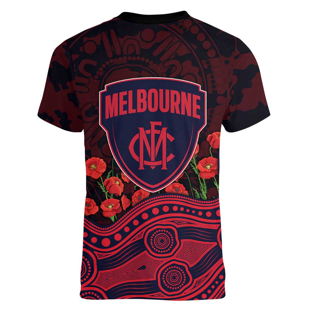 Melbourne Demons ANZAC Day Women V-Neck T-Shirt Indigenous Dot Art with Poppy Flower Tribute