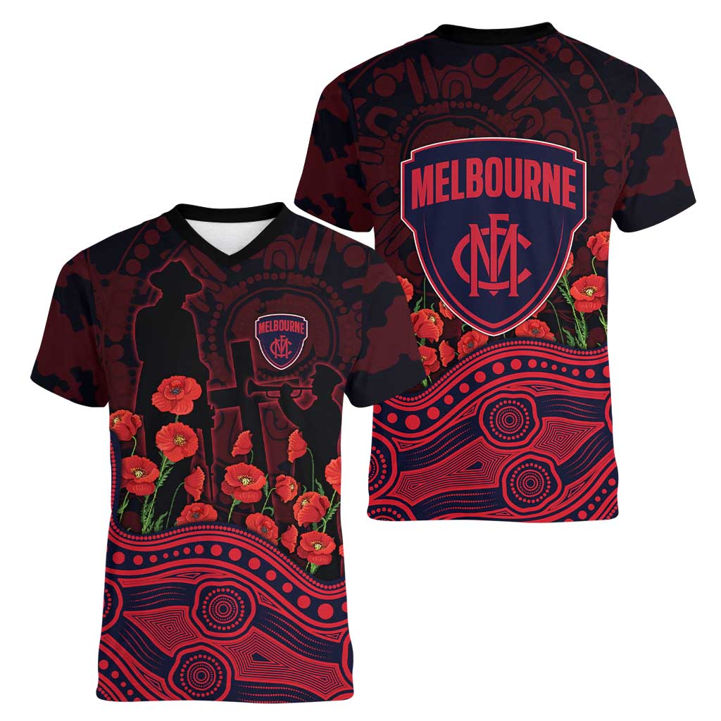 Melbourne Demons ANZAC Day Women V-Neck T-Shirt Indigenous Dot Art with Poppy Flower Tribute