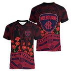 Melbourne Demons ANZAC Day Women V-Neck T-Shirt Indigenous Dot Art with Poppy Flower Tribute