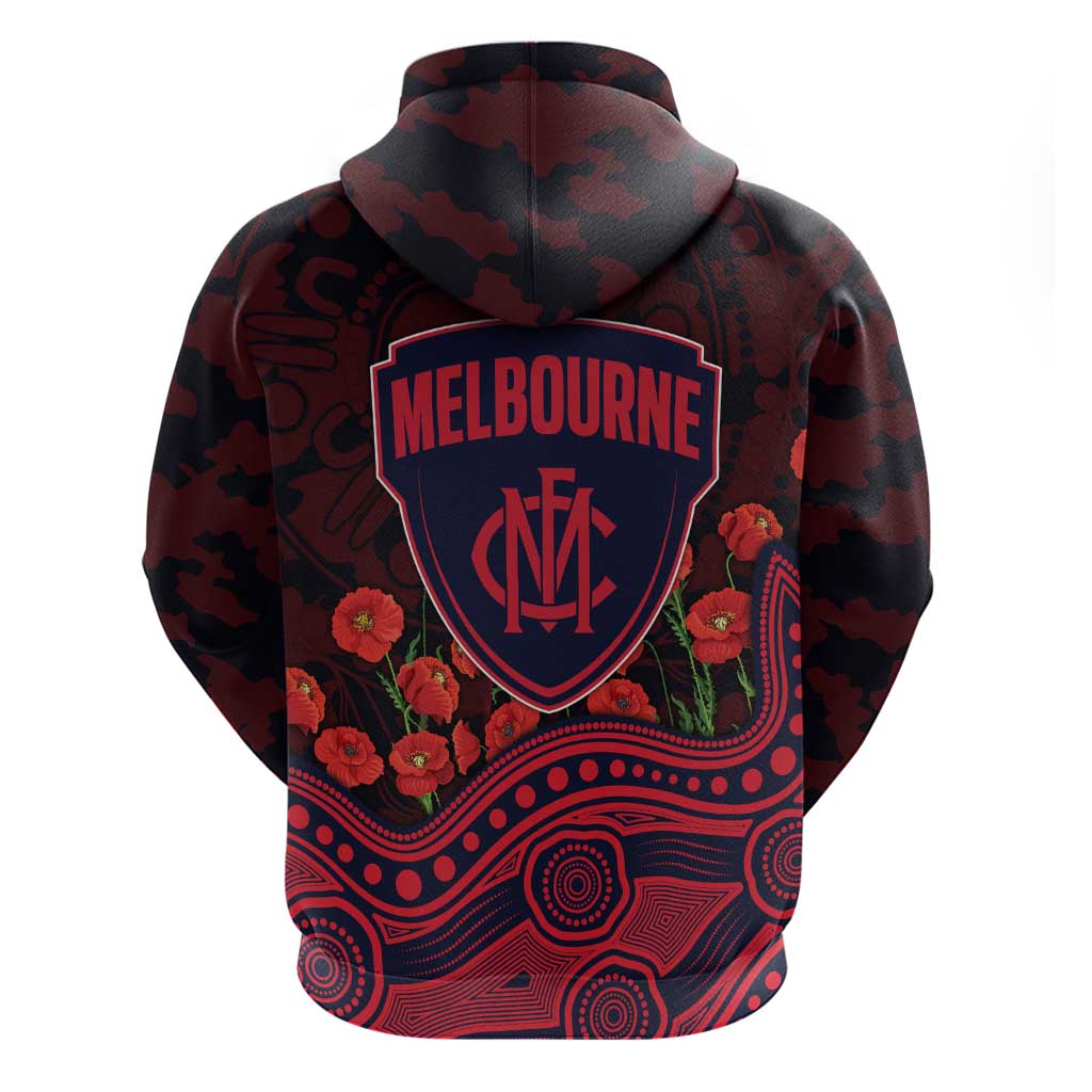 Melbourne Demons ANZAC Day Zip Hoodie Indigenous Dot Art with Poppy Flower Tribute