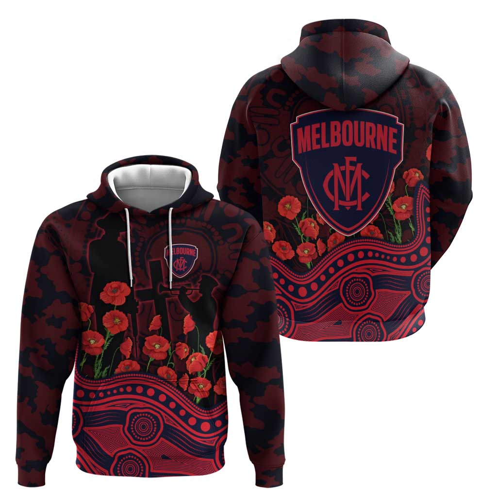 Melbourne Demons ANZAC Day Zip Hoodie Indigenous Dot Art with Poppy Flower Tribute