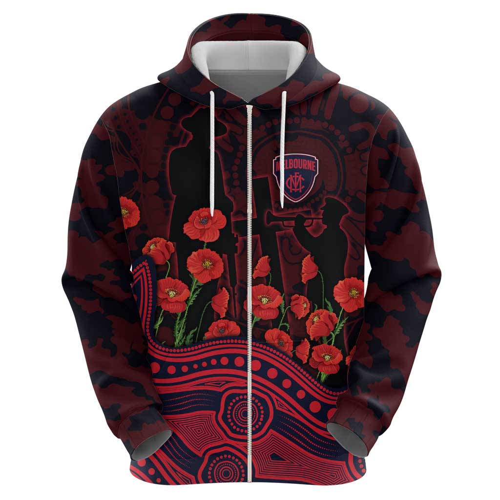 Melbourne Demons ANZAC Day Zip Hoodie Indigenous Dot Art with Poppy Flower Tribute