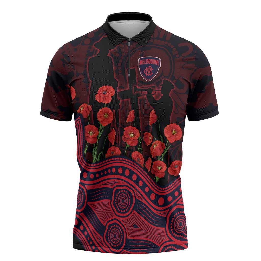 Melbourne Demons ANZAC Day Zipper Polo Shirt Indigenous Dot Art with Poppy Flower Tribute