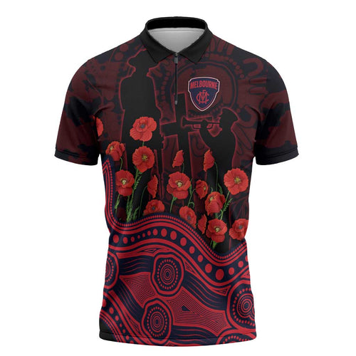 Melbourne Demons ANZAC Day Zipper Polo Shirt Indigenous Dot Art with Poppy Flower Tribute
