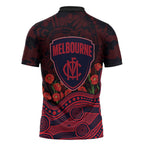 Melbourne Demons ANZAC Day Zipper Polo Shirt Indigenous Dot Art with Poppy Flower Tribute