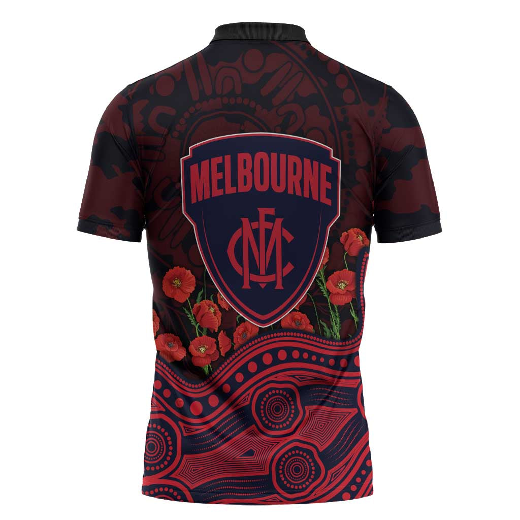 Melbourne Demons ANZAC Day Zipper Polo Shirt Indigenous Dot Art with Poppy Flower Tribute