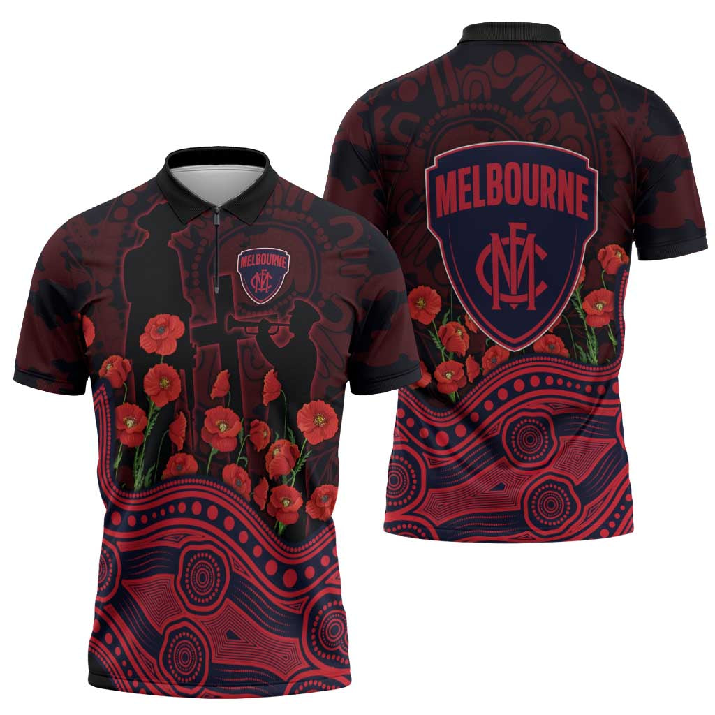 Melbourne Demons ANZAC Day Zipper Polo Shirt Indigenous Dot Art with Poppy Flower Tribute