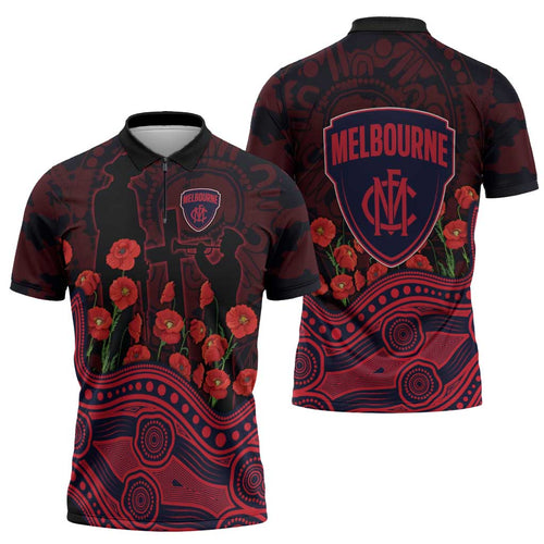 Melbourne Demons ANZAC Day Zipper Polo Shirt Indigenous Dot Art with Poppy Flower Tribute