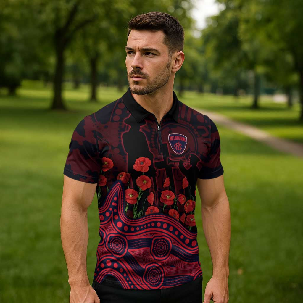 Melbourne Demons ANZAC Day Zipper Polo Shirt Indigenous Dot Art with Poppy Flower Tribute