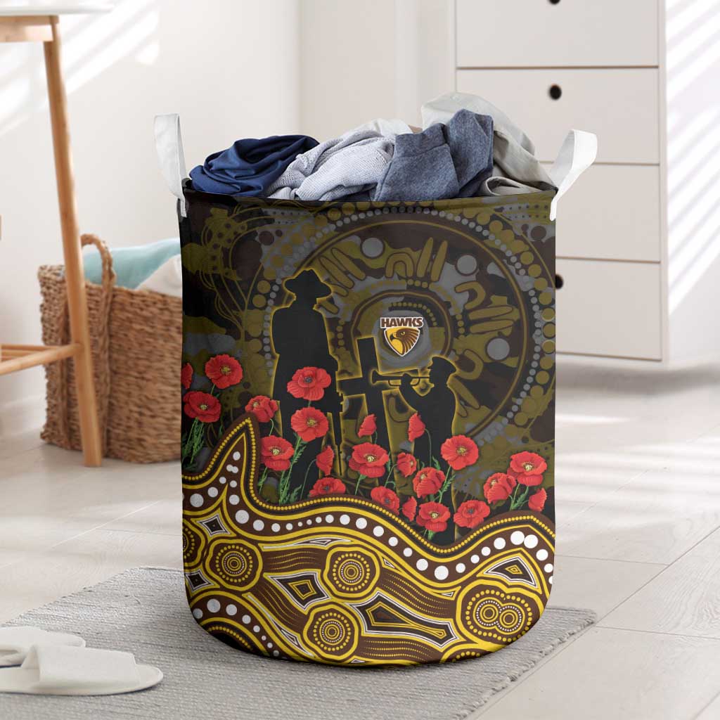 Hawthorn Hawks ANZAC Day Laundry Basket Indigenous Dot Art with Poppy Flower Tribute