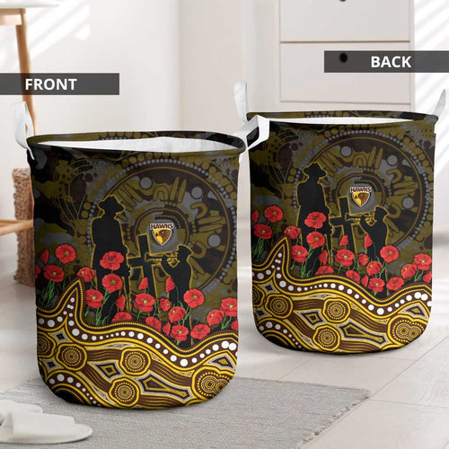 Hawthorn Hawks ANZAC Day Laundry Basket Indigenous Dot Art with Poppy Flower Tribute