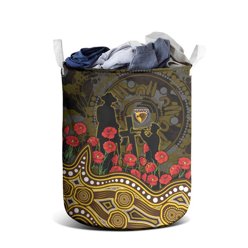Hawthorn Hawks ANZAC Day Laundry Basket Indigenous Dot Art with Poppy Flower Tribute