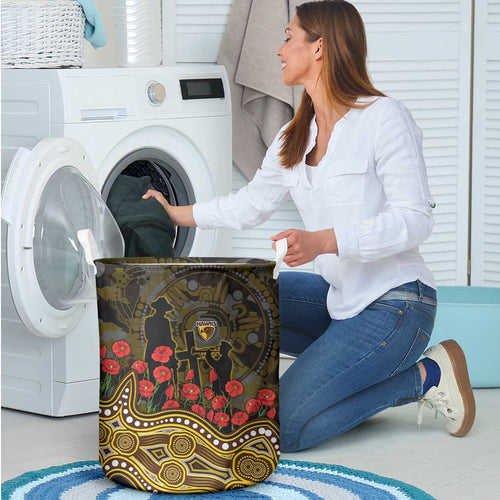 Hawthorn Hawks ANZAC Day Laundry Basket Indigenous Dot Art with Poppy Flower Tribute