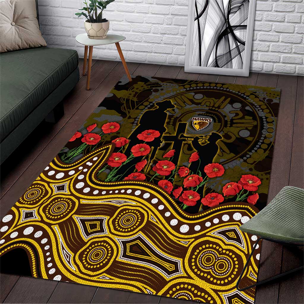 Hawthorn Hawks ANZAC Day Area Rug Indigenous Dot Art with Poppy Flower Tribute