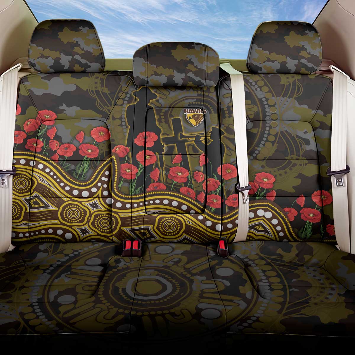 Hawthorn Hawks ANZAC Day Back Car Seat Cover Indigenous Dot Art with Poppy Flower Tribute