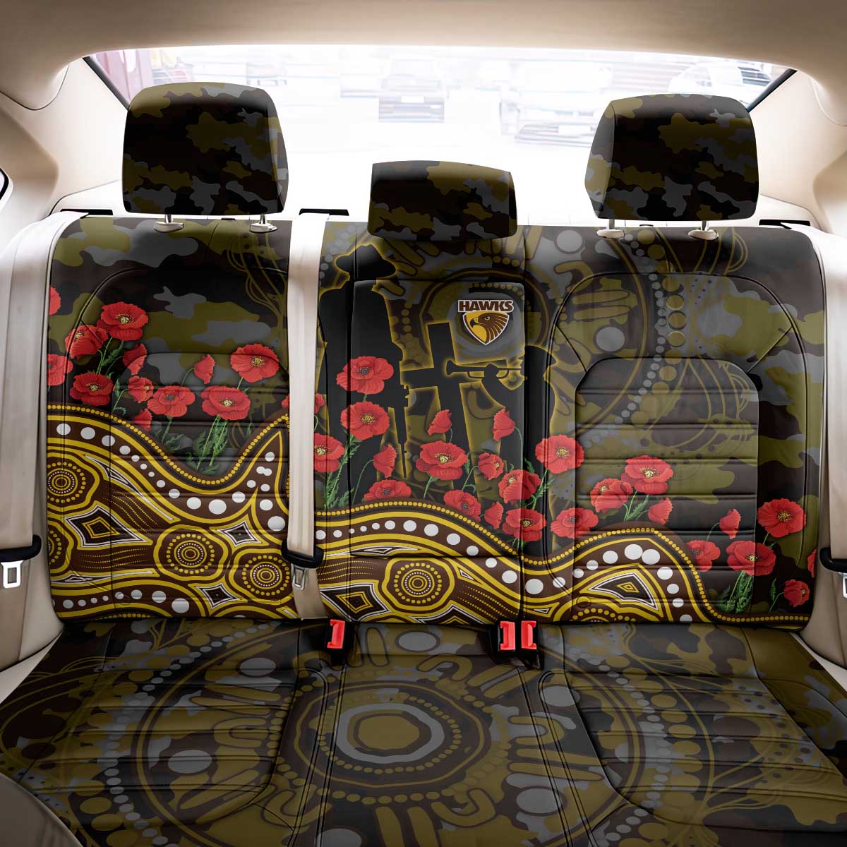Hawthorn Hawks ANZAC Day Back Car Seat Cover Indigenous Dot Art with Poppy Flower Tribute
