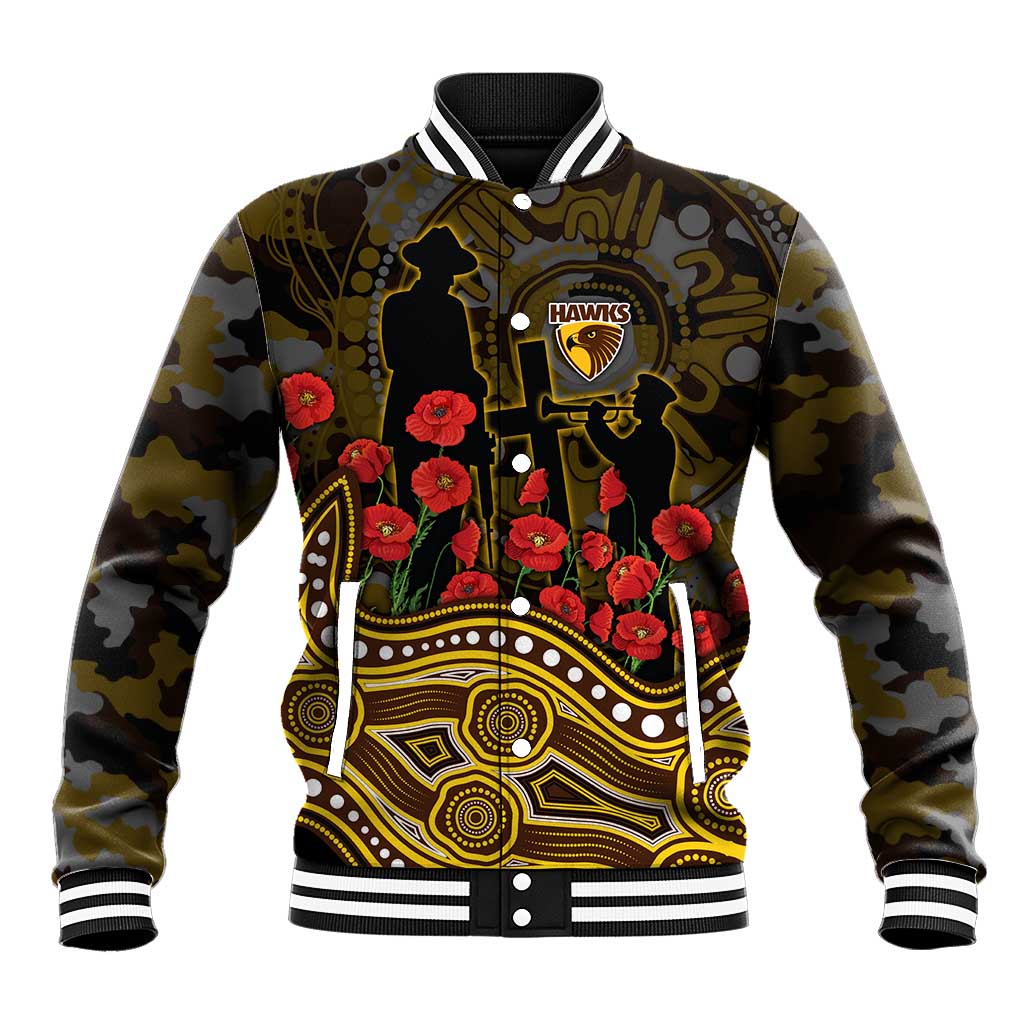 Hawthorn Hawks ANZAC Day Baseball Jacket Indigenous Dot Art with Poppy Flower Tribute