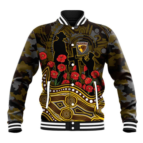 Hawthorn Hawks ANZAC Day Baseball Jacket Indigenous Dot Art with Poppy Flower Tribute