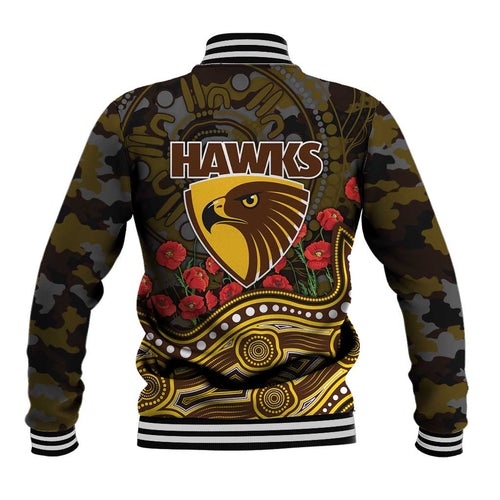 Hawthorn Hawks ANZAC Day Baseball Jacket Indigenous Dot Art with Poppy Flower Tribute