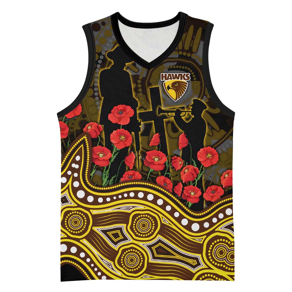 Hawthorn Hawks ANZAC Day Basketball Jersey Indigenous Dot Art with Poppy Flower Tribute
