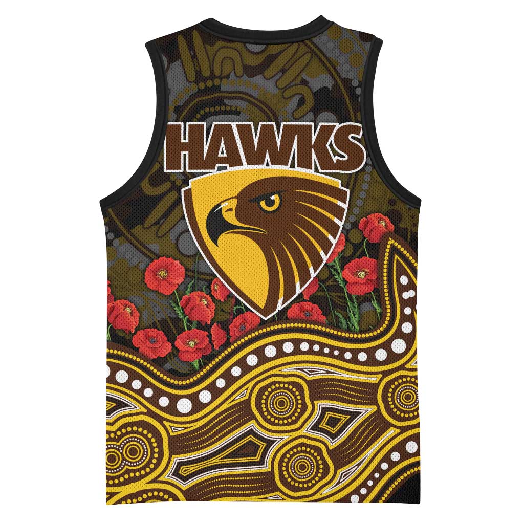 Hawthorn Hawks ANZAC Day Basketball Jersey Indigenous Dot Art with Poppy Flower Tribute