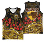 Hawthorn Hawks ANZAC Day Basketball Jersey Indigenous Dot Art with Poppy Flower Tribute