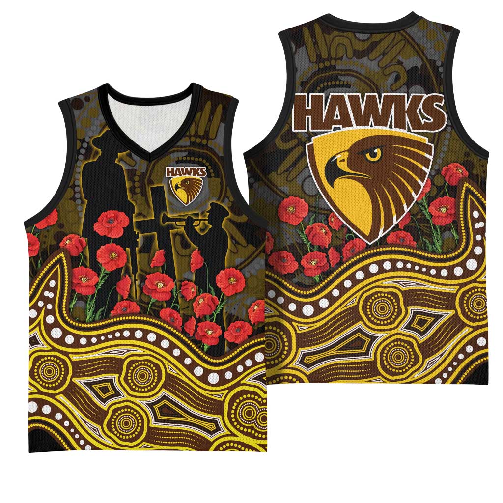 Hawthorn Hawks ANZAC Day Basketball Jersey Indigenous Dot Art with Poppy Flower Tribute