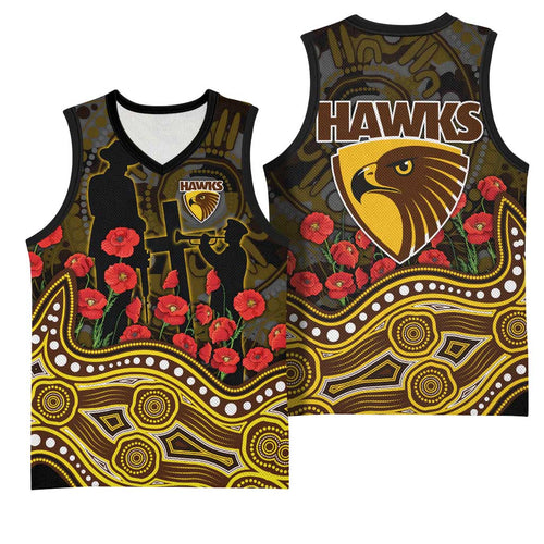 Hawthorn Hawks ANZAC Day Basketball Jersey Indigenous Dot Art with Poppy Flower Tribute