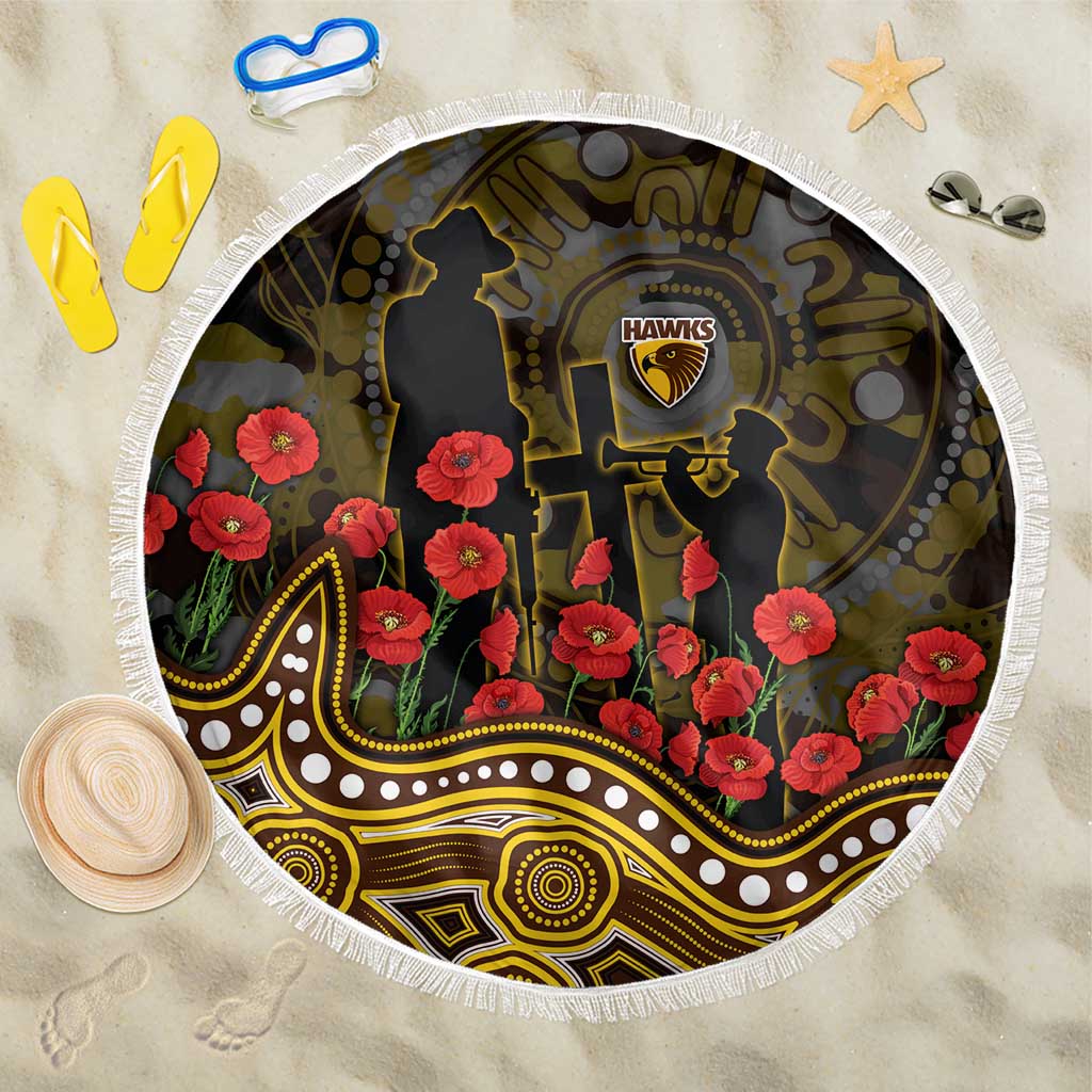 Hawthorn Hawks ANZAC Day Beach Blanket Indigenous Dot Art with Poppy Flower Tribute