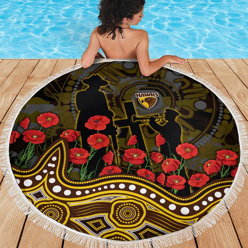 Hawthorn Hawks ANZAC Day Beach Blanket Indigenous Dot Art with Poppy Flower Tribute