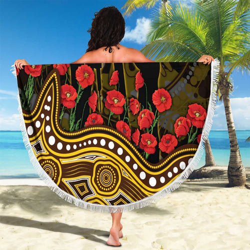 Hawthorn Hawks ANZAC Day Beach Blanket Indigenous Dot Art with Poppy Flower Tribute