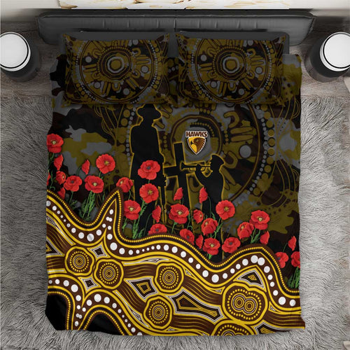 Hawthorn Hawks ANZAC Day Bedding Set Indigenous Dot Art with Poppy Flower Tribute