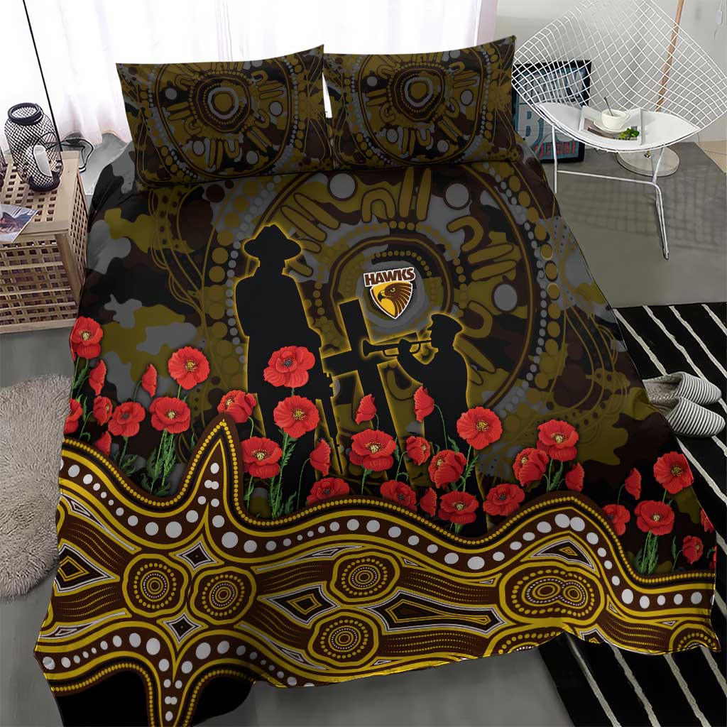 Hawthorn Hawks ANZAC Day Bedding Set Indigenous Dot Art with Poppy Flower Tribute