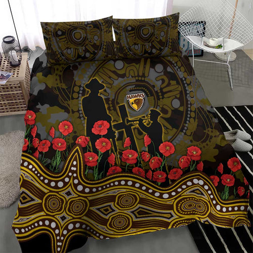 Hawthorn Hawks ANZAC Day Bedding Set Indigenous Dot Art with Poppy Flower Tribute