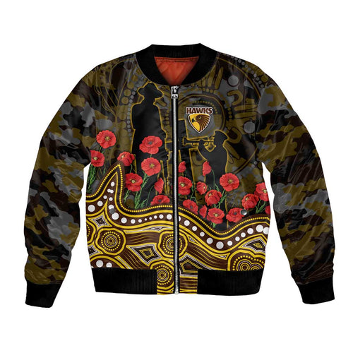 Hawthorn Hawks ANZAC Day Bomber Jacket Indigenous Dot Art with Poppy Flower Tribute