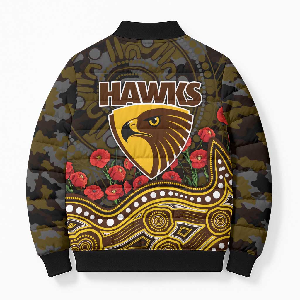 Hawthorn Hawks ANZAC Day Bomber Puffer Jacket Indigenous Dot Art with Poppy Flower Tribute