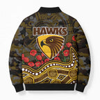 Hawthorn Hawks ANZAC Day Bomber Puffer Jacket Indigenous Dot Art with Poppy Flower Tribute